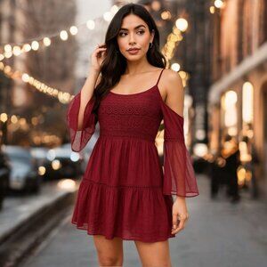 Vivid Importers NY Cold Shoulder Mini Dress A-Line Crochet Lace & Bell Sleeves